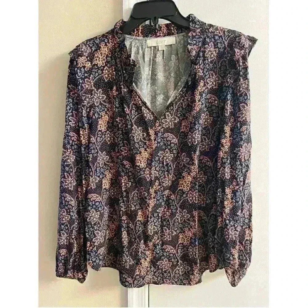 Loft black floral pullover peasant sleeve blouse  small